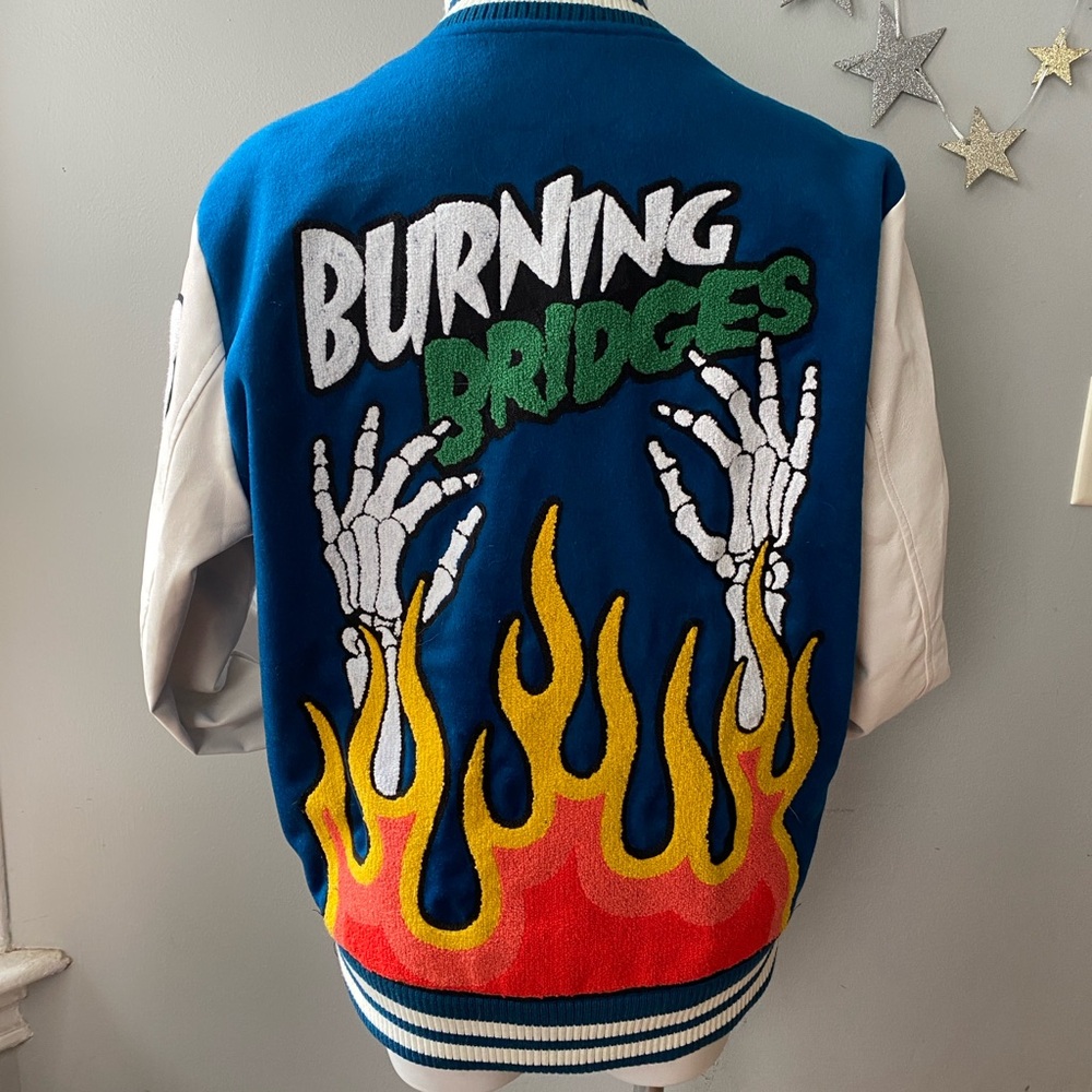 Lifted Anchors Blue and White Burning Bridges Varsity Jacket. Men’s Size L.
